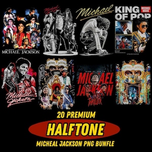 May include: A digital collection of 20 premium halftone Michael Jackson graphic designs featuring various portraits, performance scenes, and album art imagery. The text includes Michael Jackson, King of Pop, Thriller, and 20 Premium Halftone PNG Bundle.
