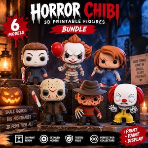 Peut inclure: Un ensemble de six figurines chibi sur le thème de l'horreur avec de grandes têtes et de petits corps. Les personnages tiennent des couteaux, un ballon rouge ou ont des mains griffues. Le texte indique HORROR CHIBI 3D PRINTABLE FIGURES BUNDLE.