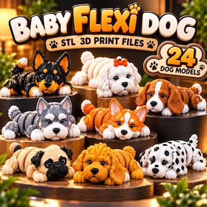 May include: A collection of 24 articulated dog figurines featuring various breeds like a black and tan dog, a white dog with an orange bow, a brown and white beagle, a grey husky, a corgi, a pug, a golden dog, and a dalmatian. Text reads BABY FLEXI DOG.