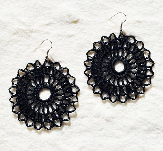 Items similar to Black crocheted earrings Handmade in Iceland and ready