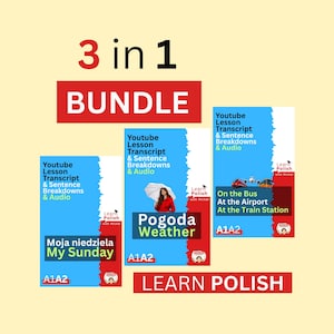 Könnte beinhalten: Ein 3-in-1-Paket mit Lehrmaterialien zum Polnischlernen. Das Set enthält drei blaue rechteckige Leitfäden mit den Titeln My Sunday, Weather und On the Bus, At the Airport, At the Train Station, jeweils mit Text, Grafiken und A1A2-Kennzeichnung.