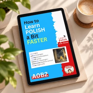 Könnte beinhalten: Ein Tablet-Bildschirm mit einer Lern-Grafik mit dem Titel How to Learn POLISH a Bit FASTER. Das Design zeigt einen blauen und roten Hintergrund, eine Liste polnischer Wörter zum Thema Nacht, ein kleines Bild eines Zimmers bei Nacht und ein Logo.