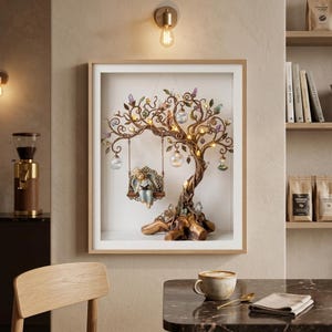 Peut inclure: Une œuvre d'art murale tridimensionnelle encadrée représentant un arbre sculpté marron aux branches complexes, illuminé par de petites lumières chaudes. Un ange est assis sur une balançoire suspendue à une branche, ornée d'accents en cristal.