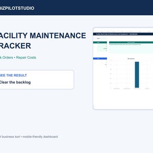 Może przedstawiać: Cyfrowy pulpit nawigacyjny Facility Maintenance Tracker od TOMBIZPILOTSTUDIO z zamówieniami pracy i kosztami napraw. Interfejs zawiera wykres słupkowy KPI, sekcję do czyszczenia zaległości oraz narzędzie biznesowe w programie Excel.