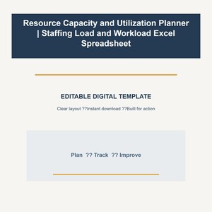 May include: A digital template titled Resource Capacity and Utilization Planner | Staffing Load and Workload Excel Spreadsheet. It features the text Editable Digital Template, Clear layout, Instant download, Built for action, and Plan, Track, Improve.