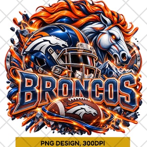 Puede incluir: Un diseño gráfico que presenta un casco de fútbol americano azul oscuro con un logotipo de caballo blanco, un caballo blanco feroz con crin naranja y azul, un balón de fútbol marrón y el texto BRONCOS en letras azules, rodeado de llamas.