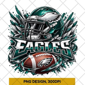 May include: A graphic illustration featuring a dark green football helmet with white wing decals, positioned above the word EAGLES in bold lettering. A brown football with white laces and an eagle logo sits below, surrounded by teal paint splatters.