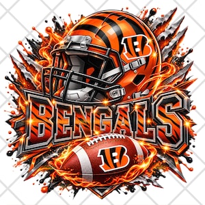 Könnte beinhalten: Eine grafische Illustration mit einem orange-schwarz gestreiften Football-Helm mit passendem Logo, dem Wort BENGALS in fetter Schrift und einem Football, alles umgeben von dynamischen orangefarbenen Flammen und schwarzen Farbspritzern.
