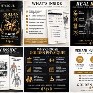 May include: A 12-week bodybuilding program digital guide titled Golden Physique. The document features structured training plans, exercise examples, muscle group anatomy, and progress tracking. It includes text detailing workout instructions, sets, reps, and rest periods for a comprehensive fitness system.