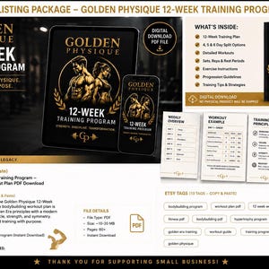 Peut inclure: Un pack de liste de programme d'entraînement Golden Physique de 12 semaines comprenant une tablette et un smartphone affichant la couverture du guide, ainsi que des résumés textuels du contenu PDF, des exemples d'exercices et des tags Etsy.