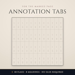 May include: A set of annotation tabs for the marked page, featuring 48 flags with 8 distinct meanings printed on a light beige background. The text reads FOR THE MARKED PAGE ANNOTATION TABS, 48 FLAGS, 8 MEANINGS, NO GLUE REQUIRED.