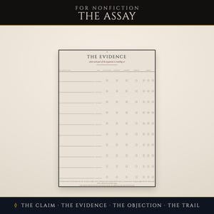 May include: A cream-colored paper sheet titled THE EVIDENCE with a header FOR NONFICTION THE ASSAY. The form features horizontal lines for notes and columns of small square checkboxes for tracking arguments, with text at the bottom and footer.
