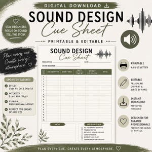 May include: A digital sound design cue sheet template featuring a table with columns for cue number, description, track, effect, intensity, and notes. The document includes a pre-show check list, space for production details, and a sound wave graphic.