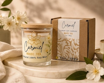 Luxury Soy Candle, 7 oz Scented Candle with Bamboo Lid, Hand Poured Clean Burning Home Decor Gift, Choose Your Scent, Carmiel