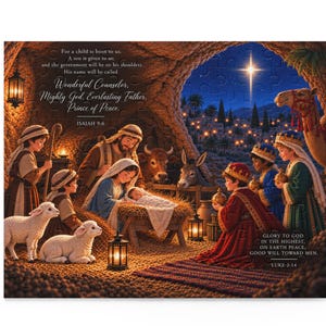 Könnte beinhalten: Ein Puzzle mit einer Krippenszene, einem Baby in der Krippe, Figuren in Gewändern, Schafen und einem Kamel. Der Text lautet: For a child is born to us... Wonderful Counselor, Mighty God, Everlasting Father, Prince of Peace. Isaiah 9:6 und Luke 2:14.