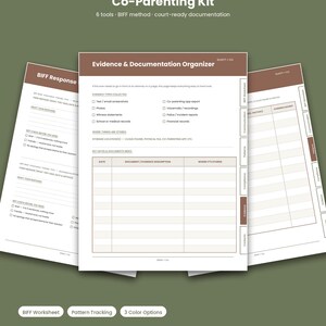 May include: A High-Conflict Co-Parenting Kit featuring printed pages for an Evidence & Documentation Organizer, BIFF Response templates, and tracking worksheets. The documents include checkboxes, tables for dates and descriptions, and tabbed sections.