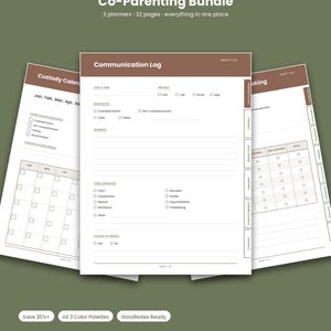 May include: A digital planner bundle titled Complete Custody & Co-Parenting Bundle with 32 pages. The pages include a Communication Log, Custody Calendar, and tracking sheets with checkboxes for dates, methods, and behaviors in a brown and white layout.