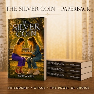 May include: A paperback book titled The Silver Coin by Barry A. Mills, featuring a cover illustration of two people sitting on a park bench. Three additional copies of the book are stacked horizontally to the right, showing the spine text.