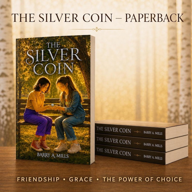 May include: A paperback book titled The Silver Coin by Barry A. Mills, featuring a cover illustration of two people sitting on a park bench. Three additional copies of the book are stacked horizontally to the right, showing the spine text.