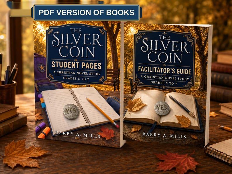 May include: Two books titled The Silver Coin, one Student Pages and one Facilitator's Guide, by Barry A. Mills. The covers feature a dark blue rectangular label with white text, an open book, a silver coin with the word YES, and autumn leaves.