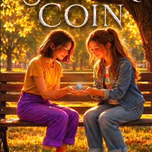 May include: A book cover titled The Silver Coin by Barry A. Mills featuring two individuals sitting on a wooden park bench. One wears a yellow t-shirt and purple pants with red sneakers, while the other wears a denim jacket and blue jeans with white sneakers. They hold a small, glowing silver coin between their hands in a park setting.