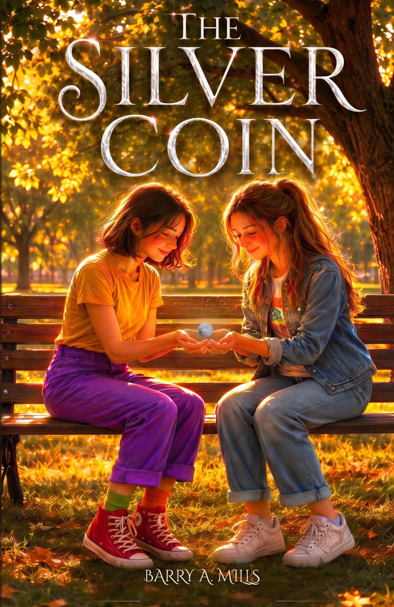 May include: A book cover titled The Silver Coin by Barry A. Mills featuring two individuals sitting on a wooden park bench. One wears a yellow t-shirt and purple pants with red sneakers, while the other wears a denim jacket and blue jeans with white sneakers. They hold a small, glowing silver coin between their hands in a park setting.