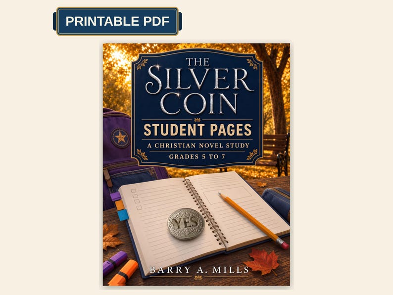 Może przedstawiać: Okładka PDF do druku dla The Silver Coin Student Pages, chrześcijańskiego studium powieści dla klas 5-7 autorstwa Barry'ego A. Millsa. Obraz przedstawia notatnik spiralny ze srebrną monetą z napisem YES, ż&oacute;łty oł&oacute;wek i fioletowy plecak.