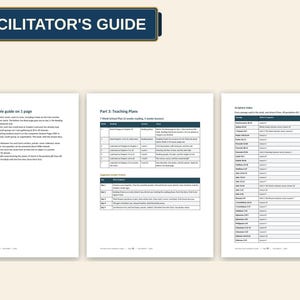 Puede incluir: Un documento digital titulado FACILITATOR'S GUIDE que presenta tres p&aacute;ginas de contenido instructivo. Las p&aacute;ginas incluyen una gu&iacute;a de inicio r&aacute;pido, una secci&oacute;n Part 3 Teaching Plans con un plan de 7 semanas y una tabla detallada de &iacute;ndice de escrituras.