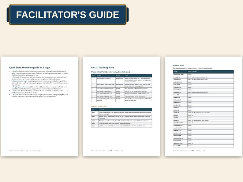 Puede incluir: Un documento digital titulado FACILITATOR'S GUIDE que presenta tres p&aacute;ginas de contenido instructivo. Las p&aacute;ginas incluyen una gu&iacute;a de inicio r&aacute;pido, una secci&oacute;n Part 3 Teaching Plans con un plan de 7 semanas y una tabla detallada de &iacute;ndice de escrituras.