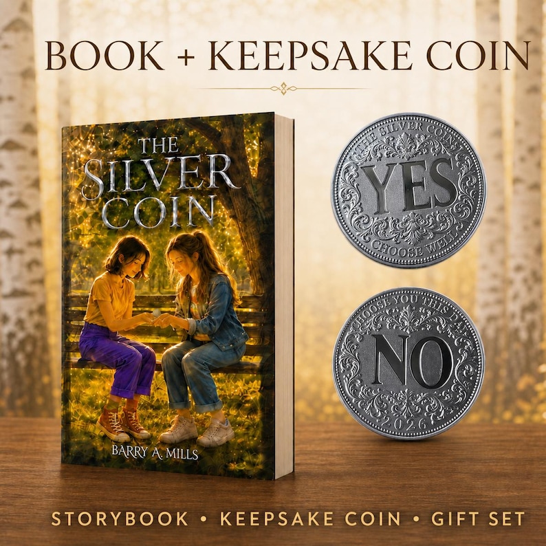 Op de afbeelding: Een boek getiteld The Silver Coin van Barry A. Mills met een illustratie van twee personen op een bankje, vergezeld van twee ronde zilverkleurige munten. De ene munt toont het woord YES en de andere het woord NO met het jaartal 2026.