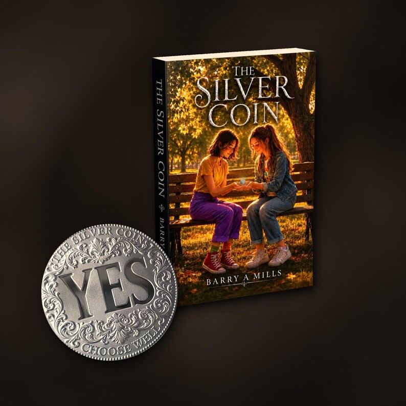 Op de afbeelding: Een boek getiteld The Silver Coin van Barry A Mills met een omslagillustratie van twee personen die bij zonsondergang op een parkbank zitten. Naast het boek ligt een ronde zilverkleurige munt met het woord YES en de tekst CHOOSE WELL.