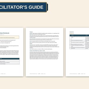 Puede incluir: Una gu&iacute;a del facilitador de tres p&aacute;ginas con el t&iacute;tulo "FACILITATOR'S GUIDE" en la parte superior. Las p&aacute;ginas contienen "Lesson 1: Someone Keeps Showing Up", un plan de lecci&oacute;n con materiales, puntos de discusi&oacute;n y una tabla de respuestas.