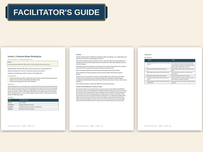 Puede incluir: Una gu&iacute;a del facilitador de tres p&aacute;ginas con el t&iacute;tulo "FACILITATOR'S GUIDE" en la parte superior. Las p&aacute;ginas contienen "Lesson 1: Someone Keeps Showing Up", un plan de lecci&oacute;n con materiales, puntos de discusi&oacute;n y una tabla de respuestas.