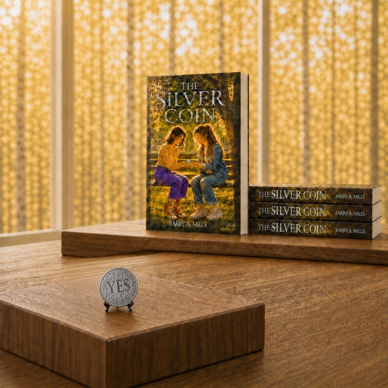 Op de afbeelding: Een boek getiteld The Silver Coin van Barry A. Mills met een omslagillustratie van twee personen op een bankje, vergezeld van een stapel van drie identieke boeken en een kleine ronde zilverkleurige munt met het woord YES in reli&euml;f.