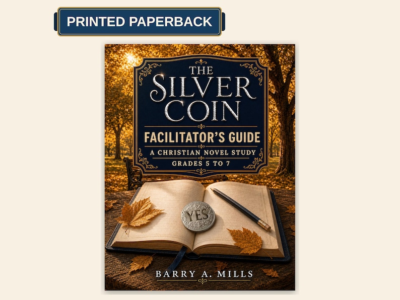 Puede incluir: Un libro de bolsillo impreso titulado The Silver Coin Facilitator's Guide, A Christian Novel Study, Grades 5 to 7 de Barry A. Mills. La portada muestra un libro abierto, un l&aacute;piz y una moneda de plata con la palabra YES sobre madera.