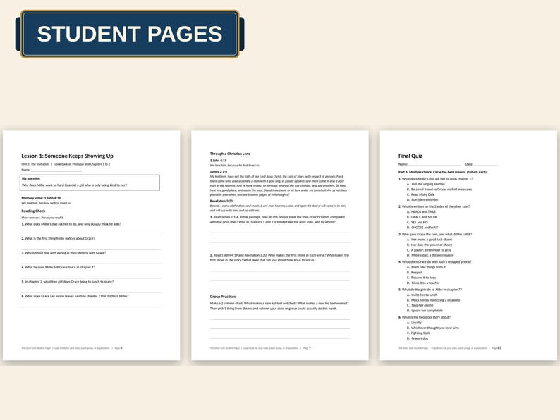 May include: Three white paper student pages featuring black printed text. The first page is titled Lesson 1: Someone Keeps Showing Up, the second is titled Through a Christian Lens, and the third page is a Final Quiz with multiple choice questions.