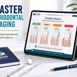 May include: A tablet displaying a Kyanja dental hygiene study guide titled Staging Visuals, showing four stages of periodontal bone loss. Beside the tablet are a blue spiral notebook, a dental mirror, a dental explorer, and a blue ballpoint pen.