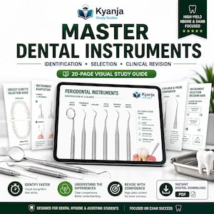 Puede incluir: Una guía de estudio visual de 20 páginas titulada Master Dental Instruments de Kyanja Study Guides. La pantalla digital muestra instrumentos periodontales como espejo bucal, sonda, explorador, raspador y curetas, junto a herramientas dentales.