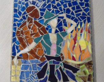 Stained Glass Mosaic Picture / Wall Hanging   "Beach Fire Dance""