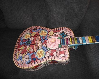 Full Size MOSAIC GUITAR /  Roses and Butterflys /  Original ooak / by Florida Artist / Free Shipping in US