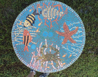 Piece Made in US / Nautical Mosaic Table Top Direct From Artist / Crab/Fish/Ocean/Starfish / FREE Shipping in US