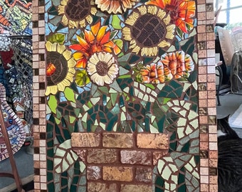 Large Mosaic Sun Flower Picture / Piece Made / Inside or Out / FREE Shipping in US / Wall Hanging