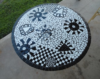 Black & White Abstract Piece Made Mosaic Table Top / FREE Ship in US / Inside or Out / Re-cycled Materials / 34"