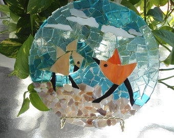 Stained Glass on Glass Mosaic Sun Catcher / Birds at the beach