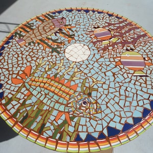 US Piece Made Mosaic Table Top / FREE ship in US / Beach / Fish / Ocean / Nautical / Direct From Artist