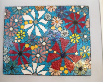 Piece Made Stained Glass Mosaic Picture of WILDFLOWERS.  Free ship US