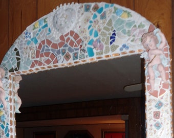 Large (49" X 33") Mosaic Angel MIRROR with a lot of 3D / Cottage/Shabby Chic / FREE SHIPPING