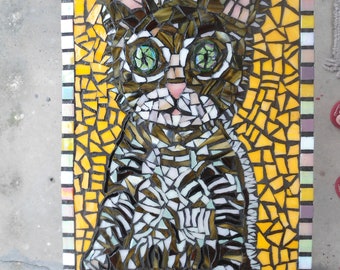 Piece Made Mosaic Cat Picture / Inside or Out