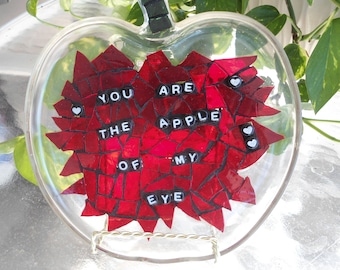 Stained Glass on Glass Mosaic Sun Catcher / You Are The Apple Of My Eye