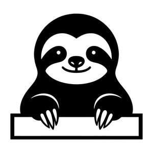 以下が含まれることがあります： 笑顔の顔、丸い目、小さな鼻を持つナマケモノの白黒グラフィックイラスト。ナマケモノは長方形のフレームの後ろに配置されており、2つの前足が水平な境界線の上端に乗っています。